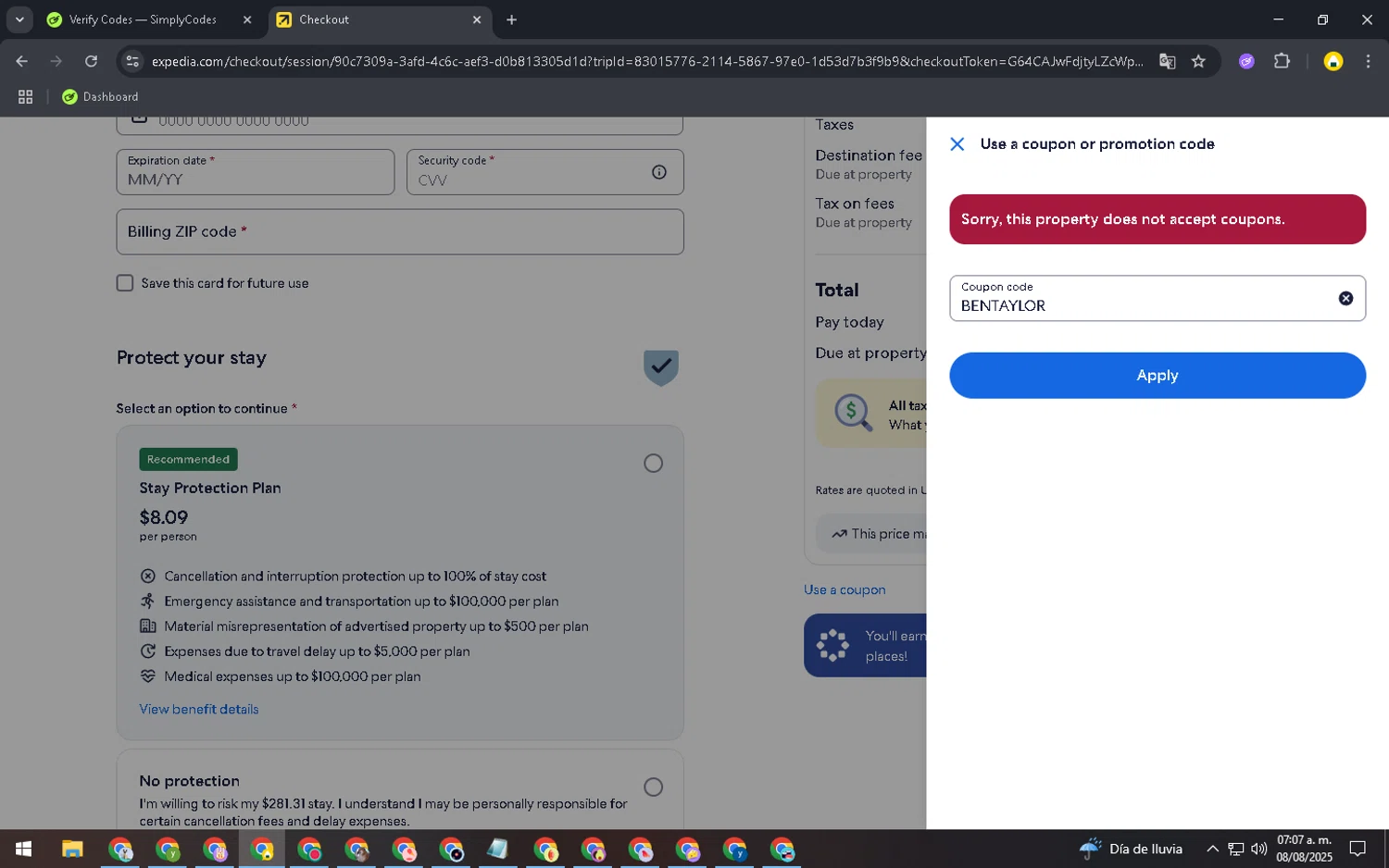 Expedia coupon code screenshot showing code BENTAYLOR applied at Expedia checkout page. Uploaded by SimplyCodes community member SavingsElite8466 on Aug 8, 2025