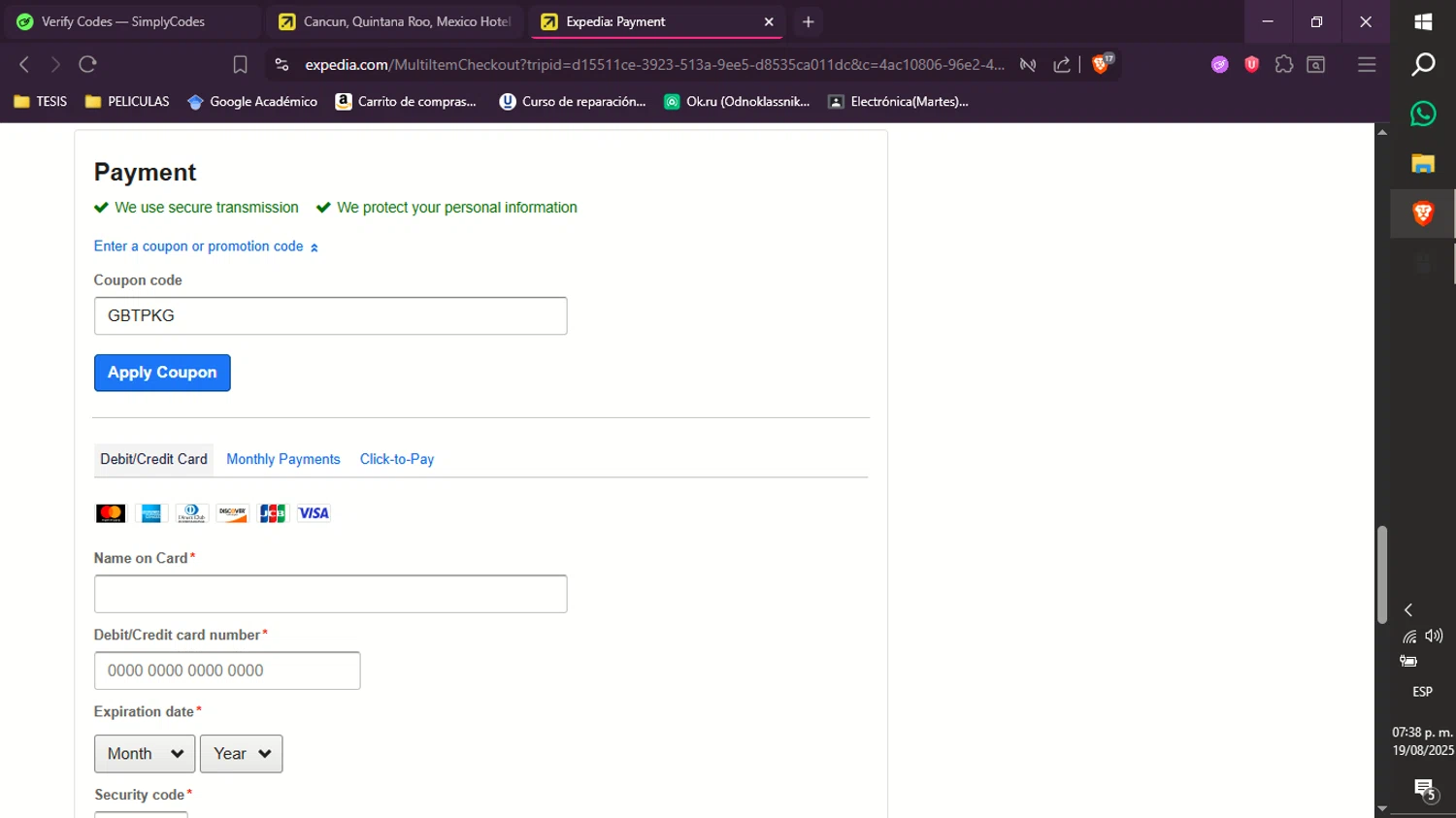 Expedia coupon code screenshot showing code GBTPKG applied at Expedia checkout page. Uploaded by SimplyCodes community member xXdevoragoticas69Xx on Aug 19, 2025