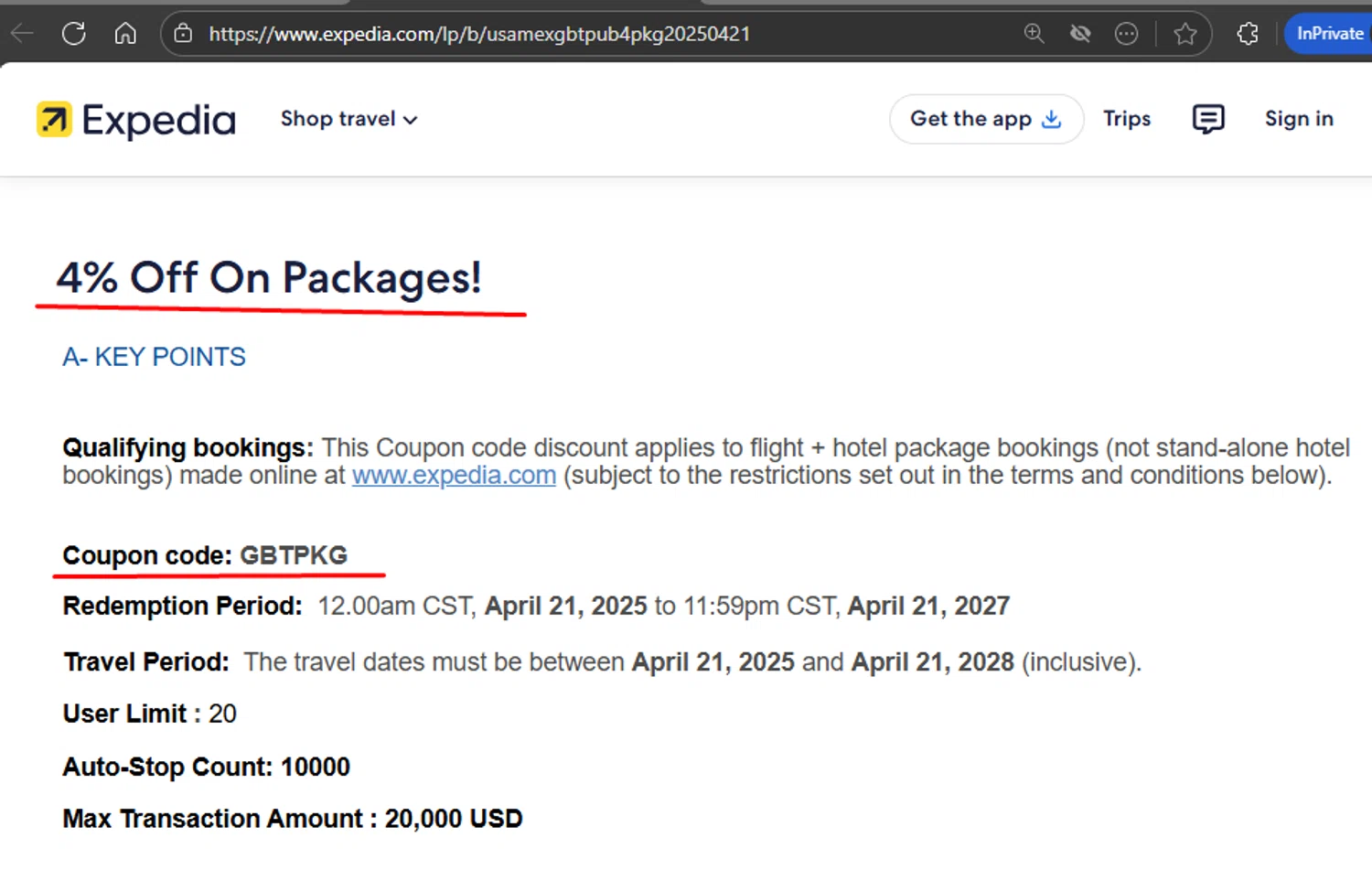 Expedia coupon code screenshot showing code GBTPKG applied at Expedia checkout page. Uploaded by SimplyCodes community member Mikasa23 on Aug 19, 2025