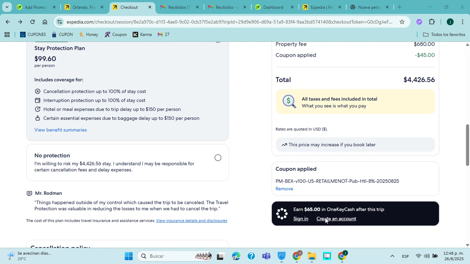 Expedia coupon code screenshot showing code RMNAUGUST8 applied at Expedia checkout page. Uploaded by SimplyCodes community member jorgejavierherrera on Aug 26, 2025
