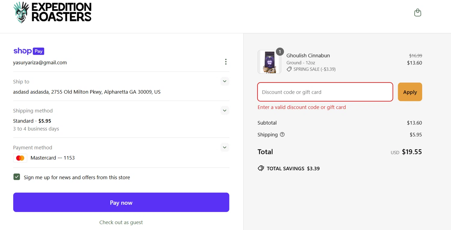Expedition Roasters discount code screenshot showing code THESILKYMOM applied at Expedition Roasters checkout page. Uploaded by SimplyCodes community member ArizaJuan on Mar 18, 2025