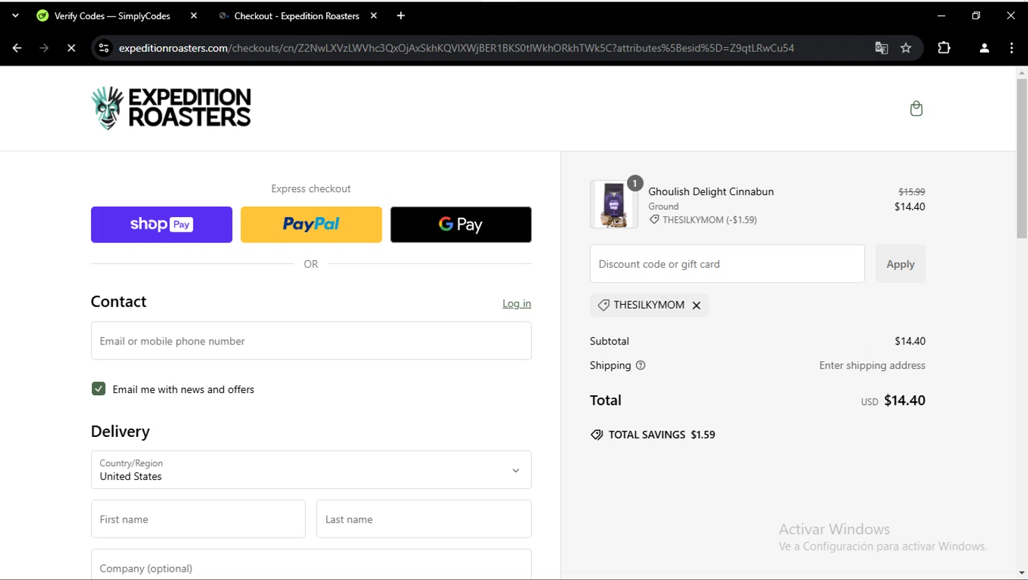 Expedition Roasters checkout page showing Expedition Roasters discount code box | Screenshot taken by SimplyCodes community member on Jan 14, 2025