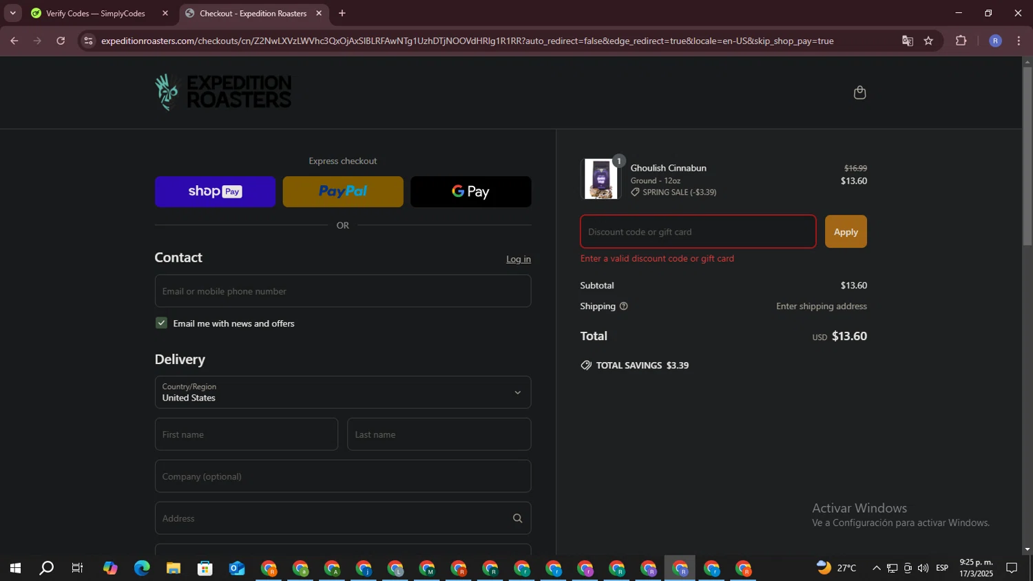 Expedition Roasters discount code screenshot showing code THESILKYMOM applied at Expedition Roasters checkout page. Uploaded by SimplyCodes community member ExtraordinarySaver3260 on Mar 18, 2025