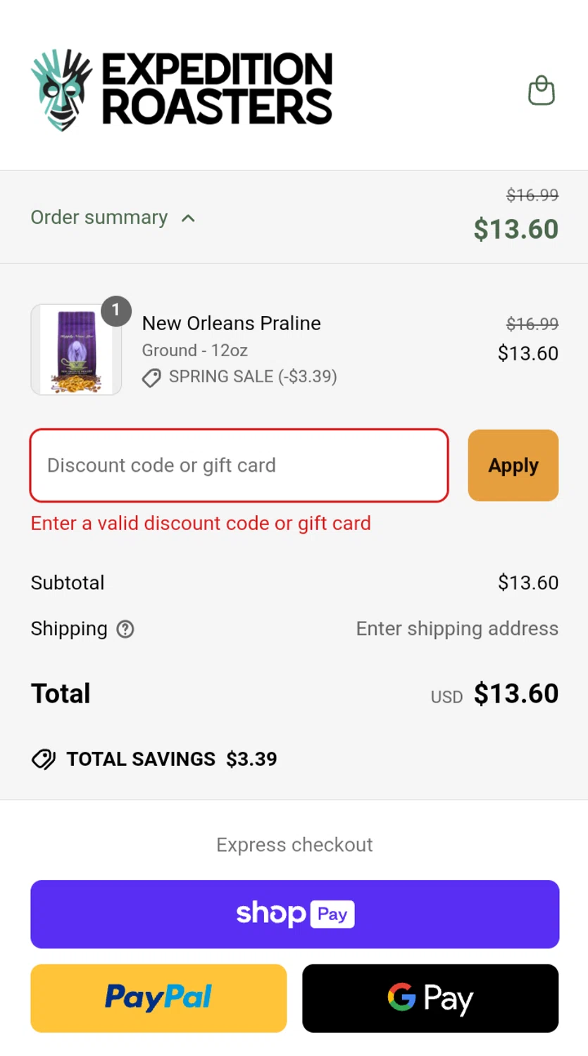 Expedition Roasters discount code screenshot showing code ZAINEYLANEY applied at Expedition Roasters checkout page. Uploaded by SimplyCodes community member RealMadrid15 on Mar 18, 2025