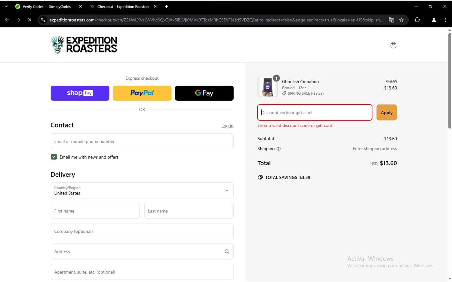 Expedition Roasters discount code screenshot showing code ZAINEYLANEY applied at Expedition Roasters checkout page. Uploaded by SimplyCodes community member feliutorres on Mar 18, 2025