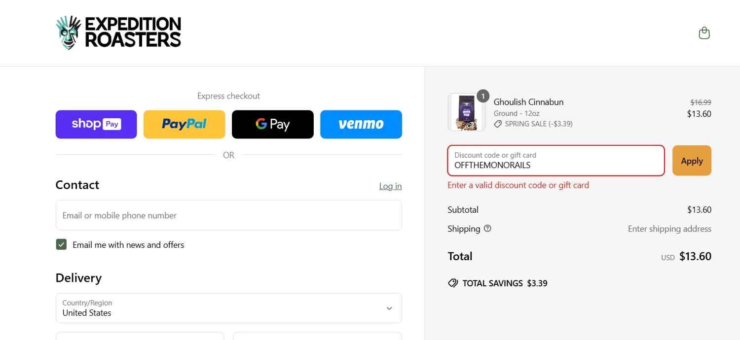 Expedition Roasters discount code screenshot showing code OFFTHEMONORAILS applied at Expedition Roasters checkout page. Uploaded by SimplyCodes community member Draken on Mar 18, 2025