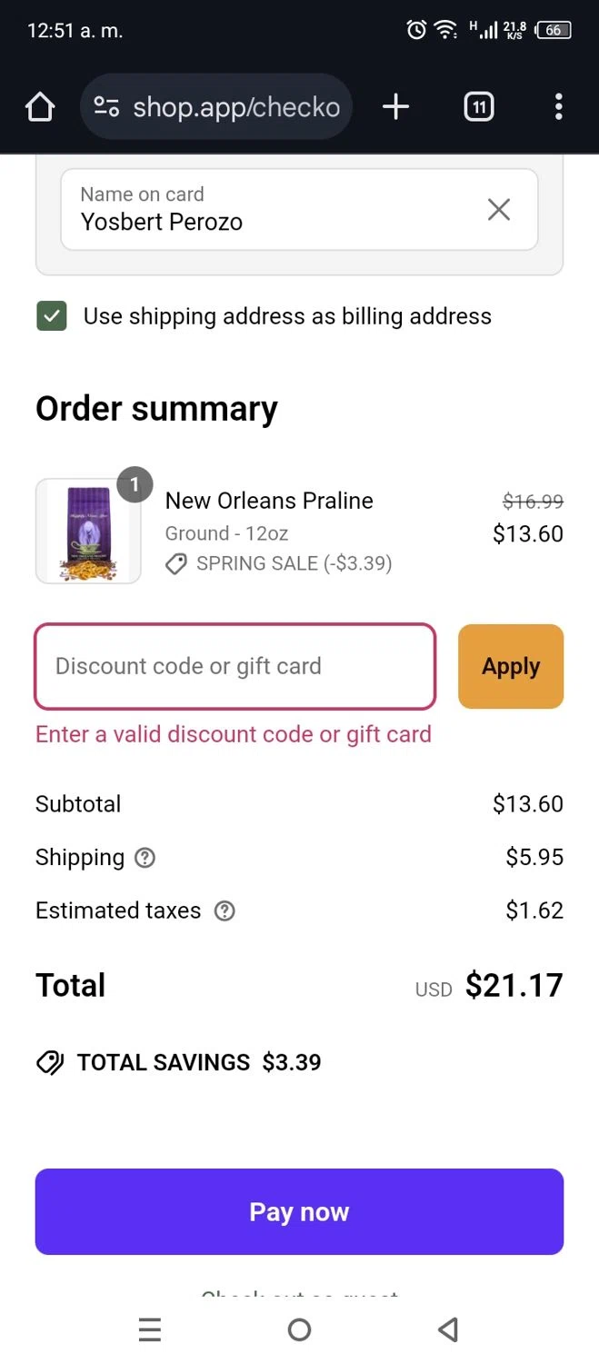 Expedition Roasters discount code screenshot showing code OFFTHEMONORAILS applied at Expedition Roasters checkout page. Uploaded by SimplyCodes community member VictoriousFalcon1812 on Mar 18, 2025