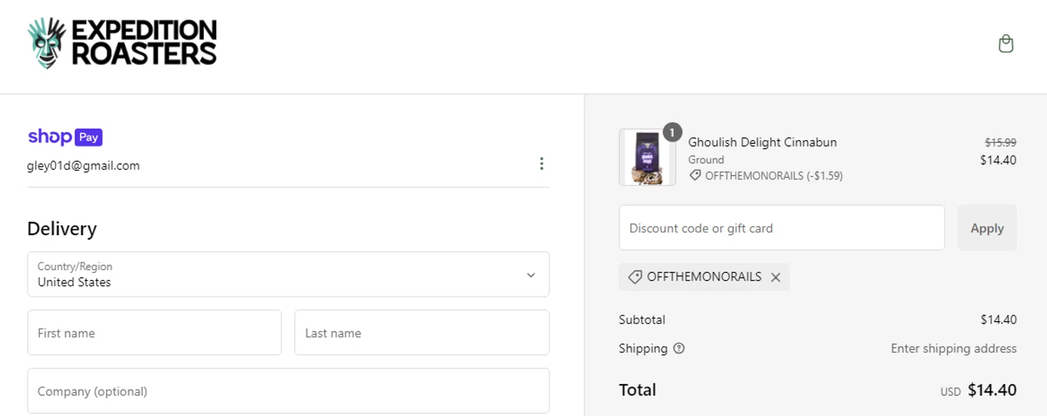 Expedition Roasters checkout page showing Expedition Roasters discount code box | Screenshot taken by SimplyCodes community member on Jan 26, 2025