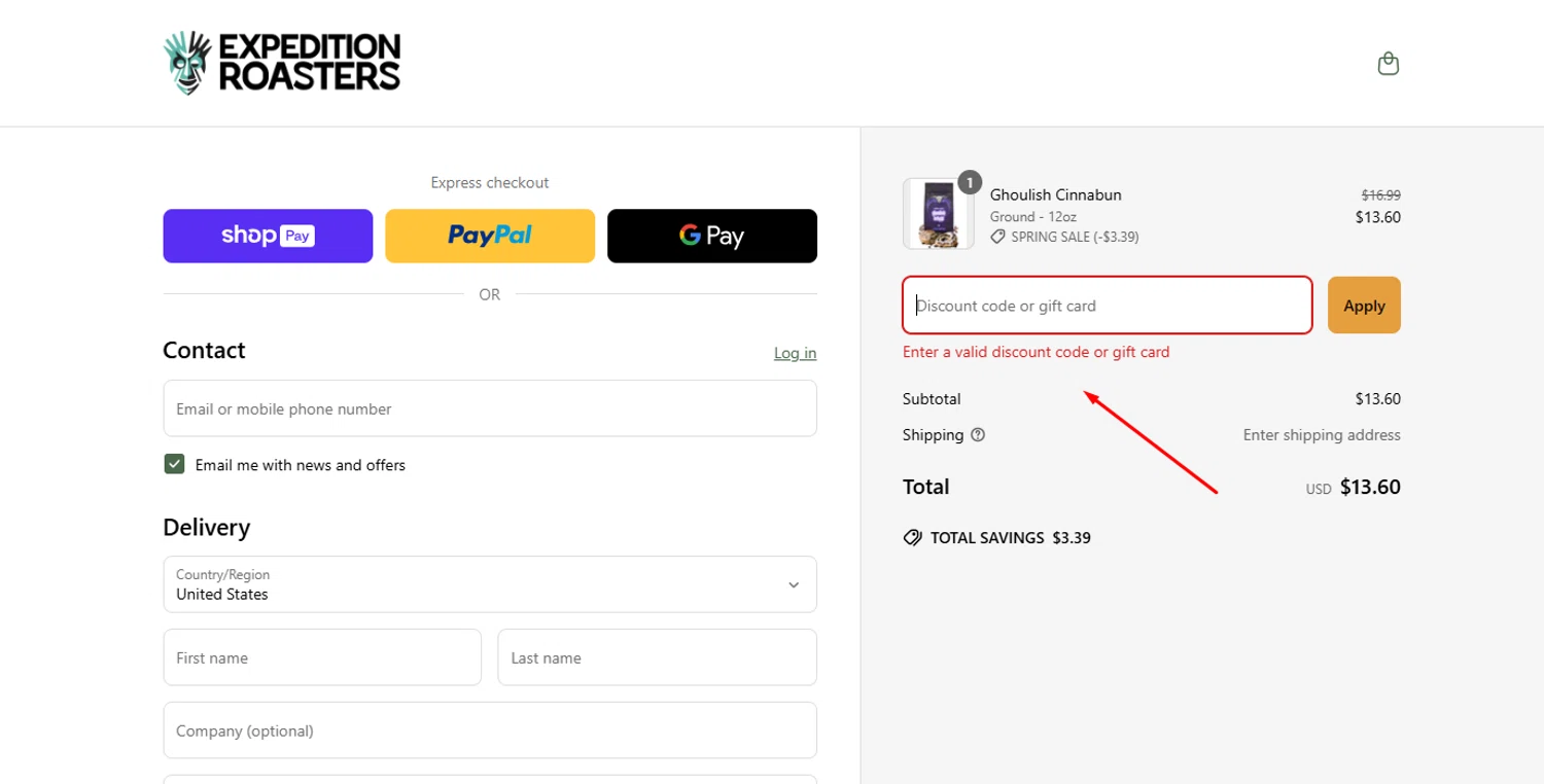 Expedition Roasters discount code screenshot showing code OFFTHEMONORAILS applied at Expedition Roasters checkout page. Uploaded by SimplyCodes community member elgatobravo on Mar 18, 2025