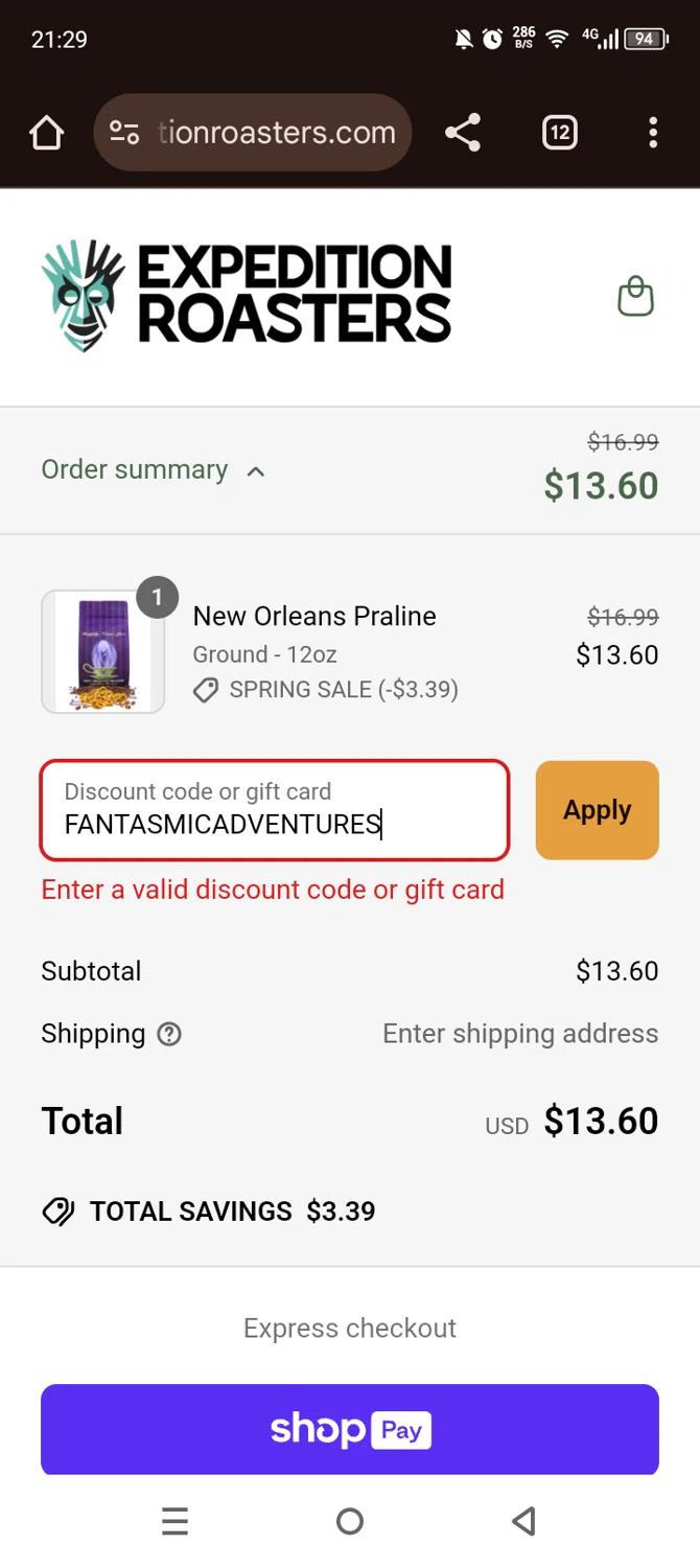 Expedition Roasters discount code screenshot showing code FANTASMICADVENTURES applied at Expedition Roasters checkout page. Uploaded by SimplyCodes community member Olivatle on Mar 18, 2025