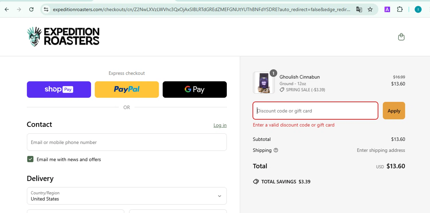 Expedition Roasters discount code screenshot showing code FANTASMICADVENTURES applied at Expedition Roasters checkout page. Uploaded by SimplyCodes community member NobleDefender3673 on Mar 18, 2025