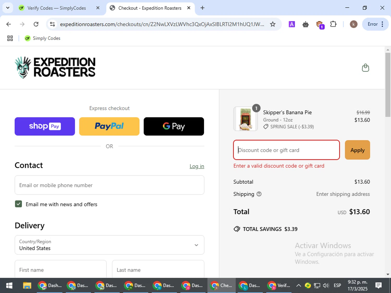 Expedition Roasters discount code screenshot showing code FANTASMICADVENTURES applied at Expedition Roasters checkout page. Uploaded by SimplyCodes community member RewardRanger298 on Mar 18, 2025