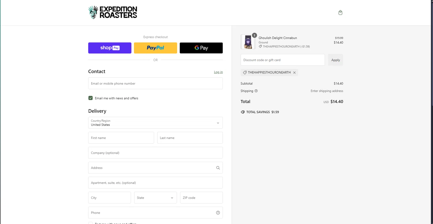 Expedition Roasters discount code screenshot showing code THEHAPPIESTHOURONEARTH applied at Expedition Roasters checkout page. Uploaded by SimplyCodes community member ThriftyScout2507 on Jan 13, 2025