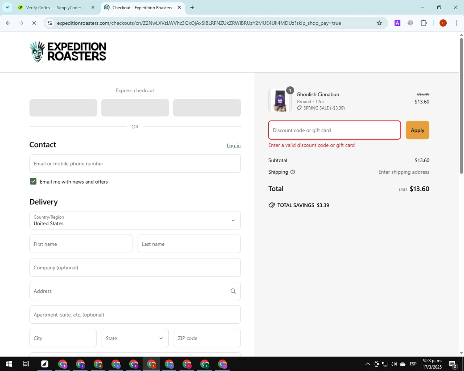 Expedition Roasters discount code screenshot showing code THEHAPPIESTHOURONEARTH applied at Expedition Roasters checkout page. Uploaded by SimplyCodes community member PrimeGuardian7348 on Mar 18, 2025