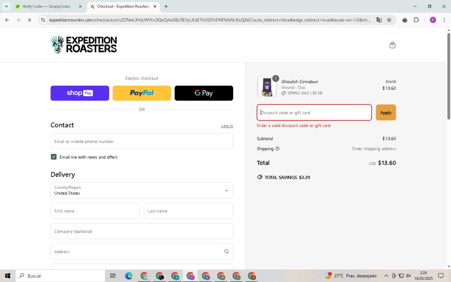 Expedition Roasters discount code screenshot showing code THEHAPPIESTHOURONEARTH applied at Expedition Roasters checkout page. Uploaded by SimplyCodes community member CleverSpotter6431 on Mar 18, 2025