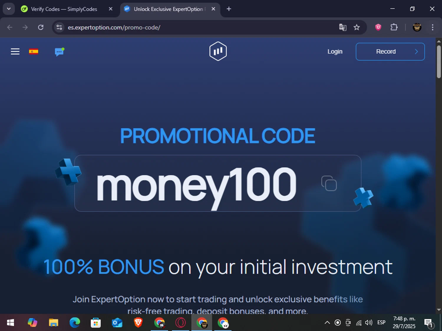 Expert Option promo code screenshot showing code money100 applied at Expert Option checkout page. Uploaded by SimplyCodes community member abrahanv on Jul 29, 2025