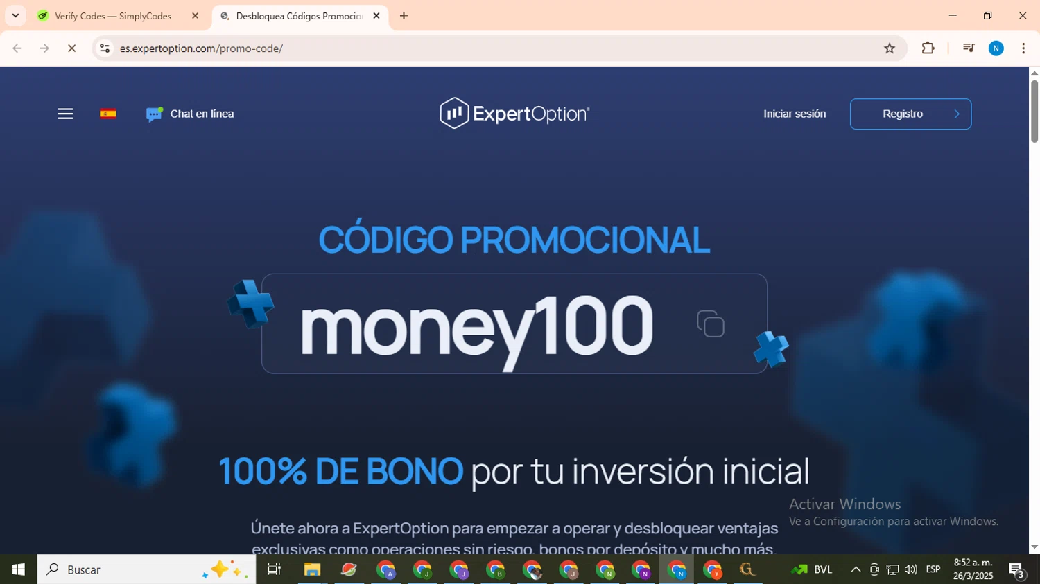 Expert Option promo code screenshot showing code money1oo applied at Expert Option checkout page. Uploaded by SimplyCodes community member CoinHawk678 on Mar 26, 2025