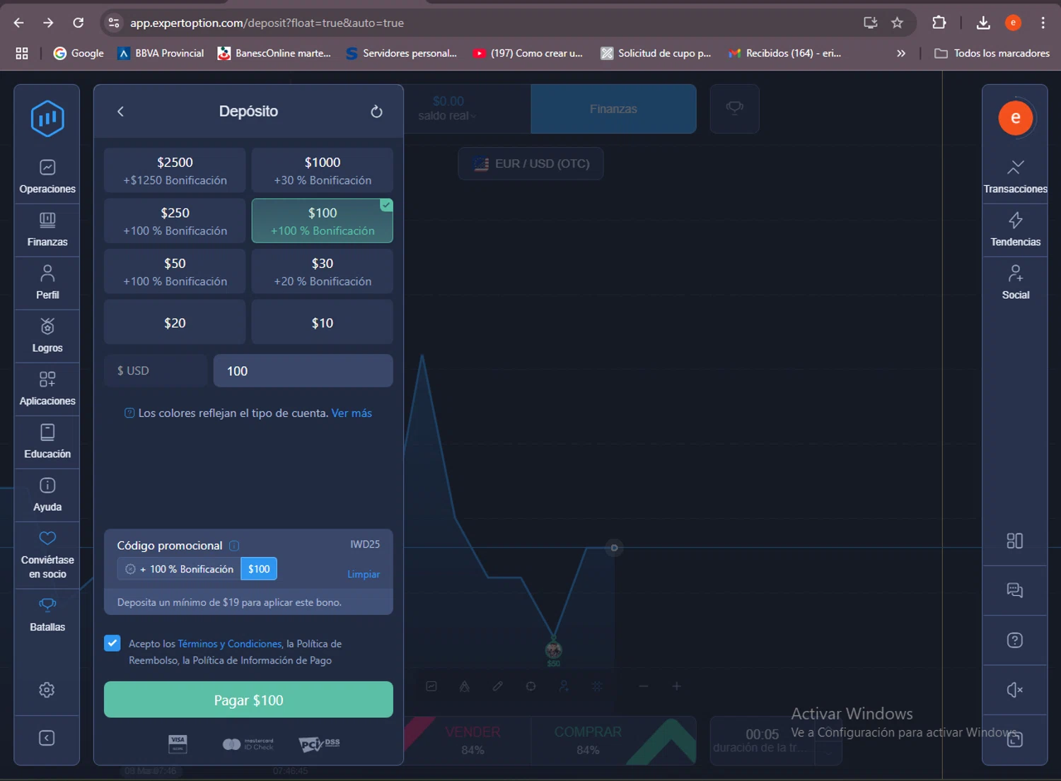 Expert Option promo code screenshot showing code IWD25 applied at Expert Option checkout page. Uploaded by SimplyCodes community member BrilliantSleuth7740 on Mar 8, 2025