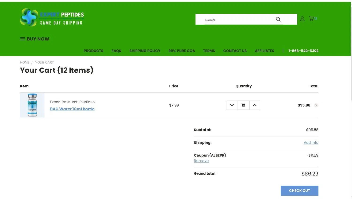 Expert Peptides coupon code screenshot showing code albepr applied at Expert Peptides checkout page. Uploaded by SimplyCodes community member LAMINEJAMAL on Feb 2, 2026