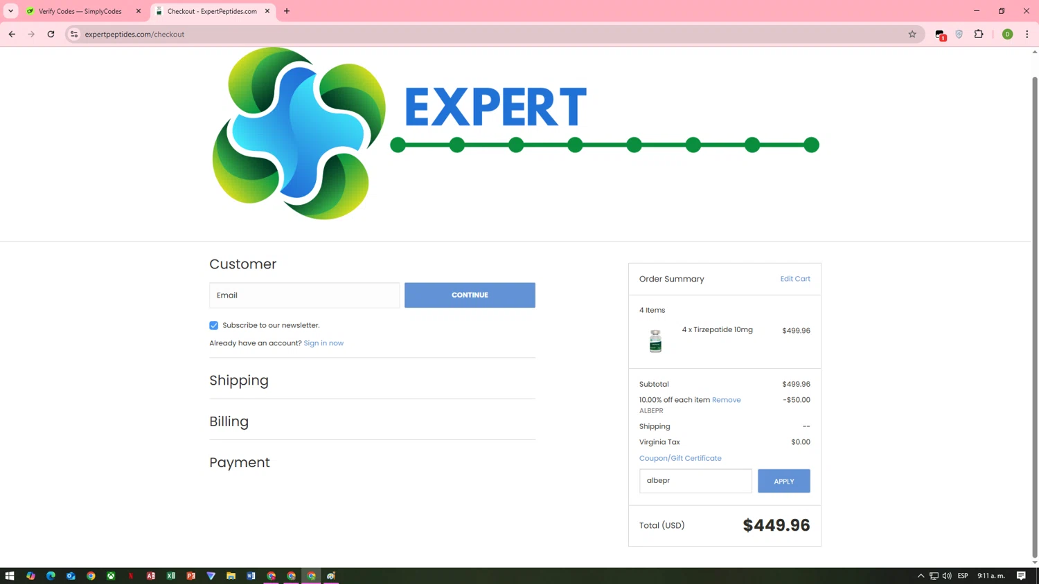 Expert Peptides coupon code screenshot showing code albepr applied at Expert Peptides checkout page. Uploaded by SimplyCodes community member MoneyMaven8597 on Jul 17, 2025