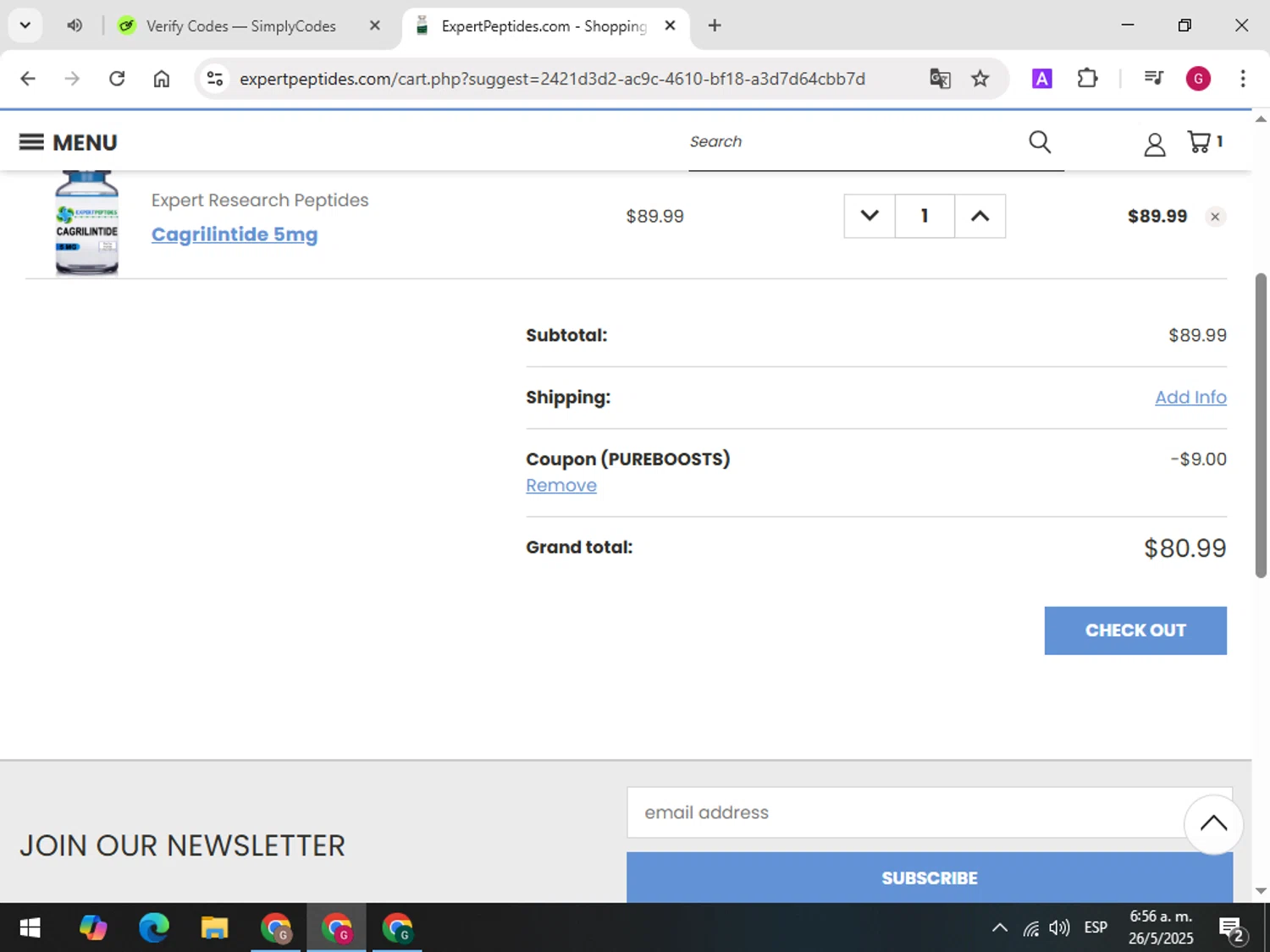 Expert Peptides coupon code screenshot showing code PUREBOOSTS applied at Expert Peptides checkout page. Uploaded by SimplyCodes community member SavingsMaestro8055 on May 26, 2025