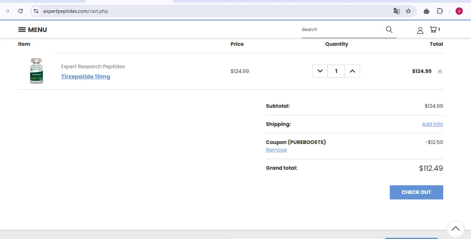 Expert Peptides coupon code screenshot showing code PUREBOOSTS applied at Expert Peptides checkout page. Uploaded by SimplyCodes community member CleverNavigator9655 on Mar 29, 2025