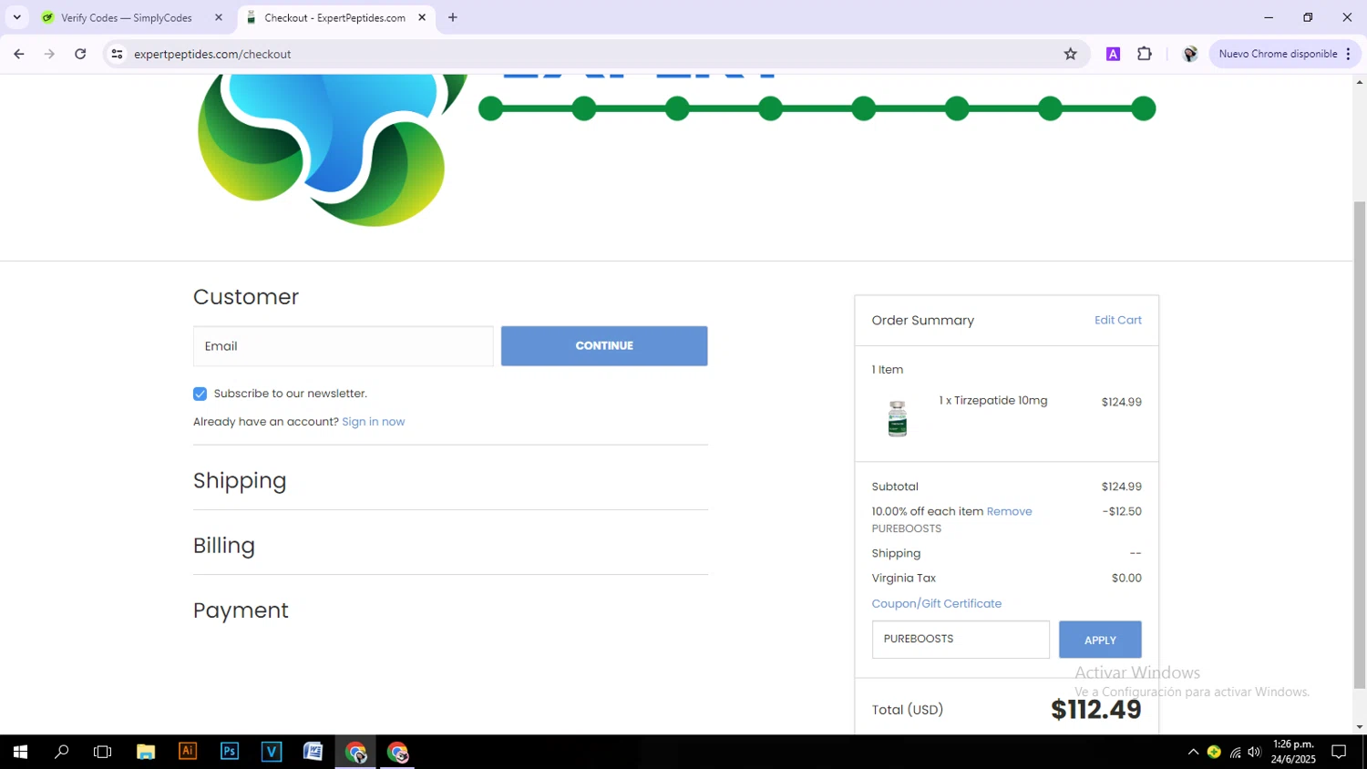 Expert Peptides coupon code screenshot showing code PUREBOOSTS applied at Expert Peptides checkout page. Uploaded by SimplyCodes community member girlpink on Jun 24, 2025