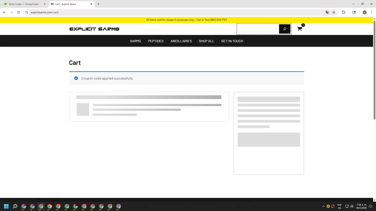 Explicit Sarms promo code screenshot showing code GLOW12 applied at Explicit Sarms checkout page. Uploaded by SimplyCodes community member BENELLI on Jan 30, 2026