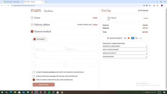 EXPLORE ROAM checkout page showing EXPLORE ROAM promo code box | Screenshot taken by SimplyCodes community member on Feb 7, 2025
