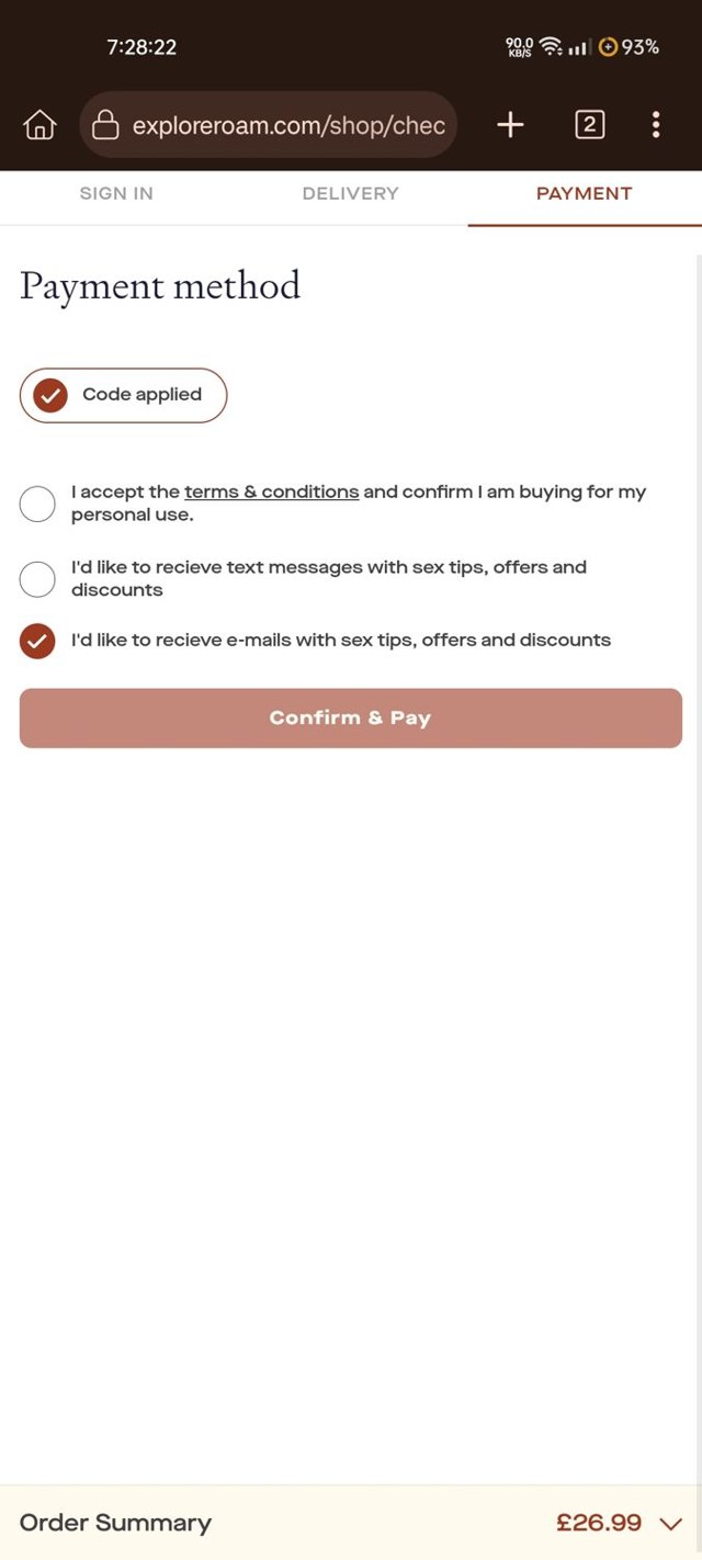 EXPLORE ROAM checkout page showing EXPLORE ROAM promo code box | Screenshot taken by SimplyCodes community member on Oct 21, 2024