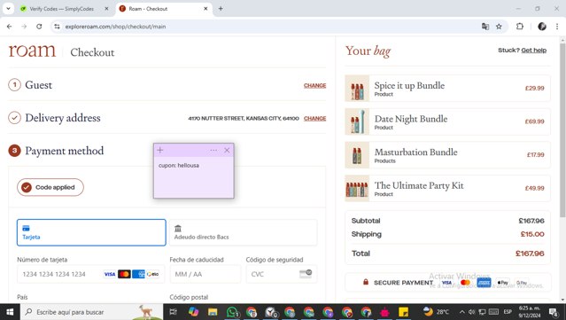 EXPLORE ROAM checkout page showing EXPLORE ROAM promo code box | Screenshot taken by SimplyCodes community member on Dec 9, 2024