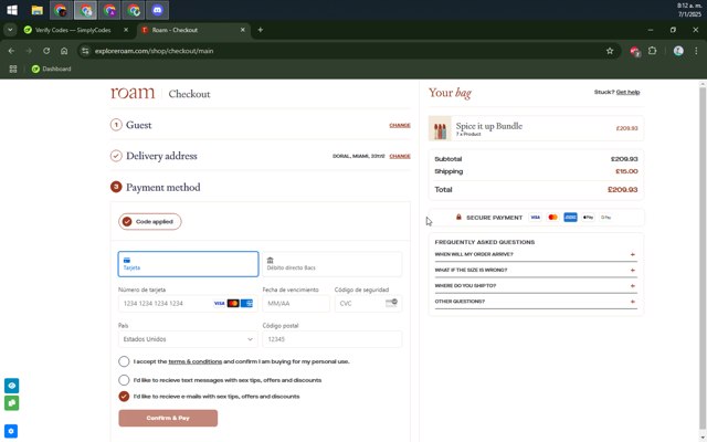 EXPLORE ROAM checkout page showing EXPLORE ROAM promo code box | Screenshot taken by SimplyCodes community member on Jan 7, 2025