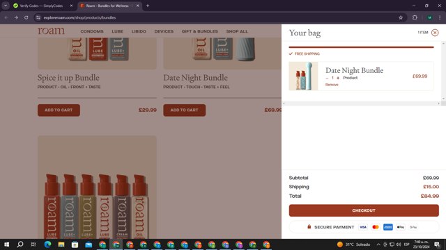 EXPLORE ROAM checkout page showing EXPLORE ROAM promo code box | Screenshot taken by SimplyCodes community member on Oct 23, 2024