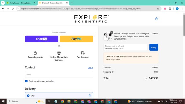 Explore Scientific checkout page showing Explore Scientific promo code box | Screenshot taken by SimplyCodes community member on Aug 22, 2025