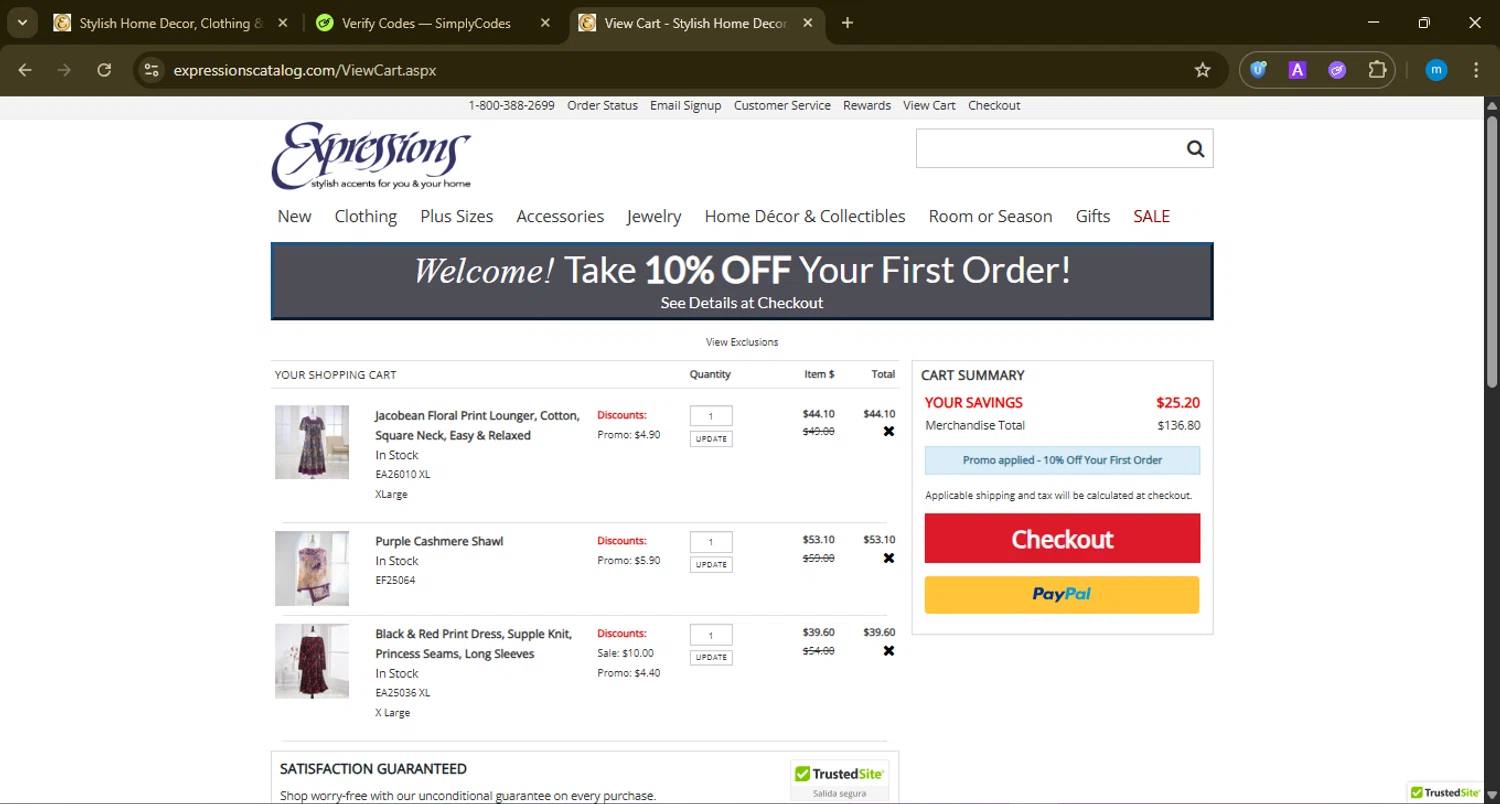 Expressions Catalog promo code screenshot showing code EX10EMACQ applied at Expressions Catalog checkout page. Uploaded by SimplyCodes community member LuckyWarden9122 on Jan 20, 2026