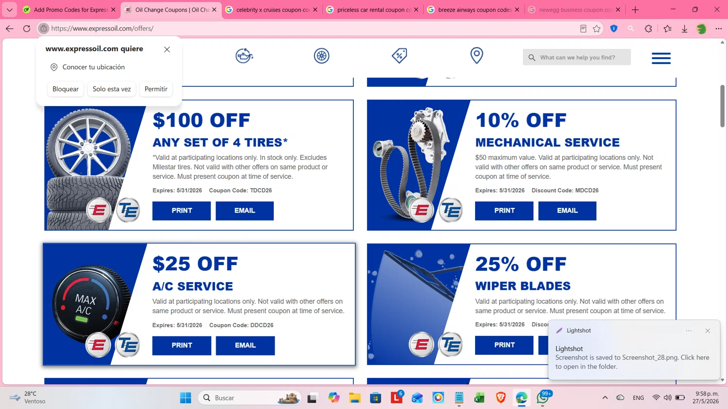 Express Oil Change & Tire Engineers promo code screenshot showing code WDCD26 applied at Express Oil Change & Tire Engineers checkout page. Uploaded by SimplyCodes community member cosita on May 28, 2026