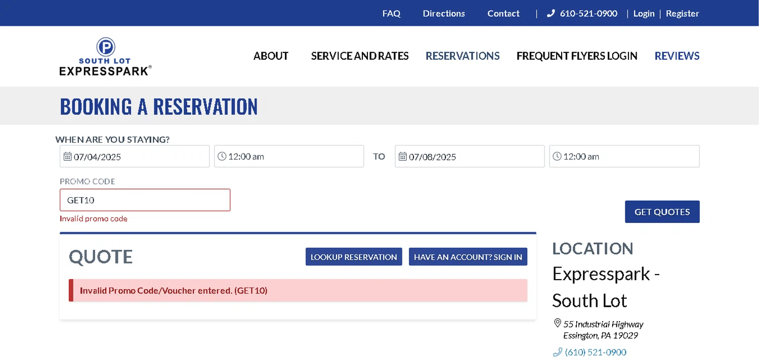 ExpressPark promo code screenshot showing code GET10 applied at ExpressPark checkout page. Uploaded by SimplyCodes community member MagnificentCurator5441 on Jul 3, 2025