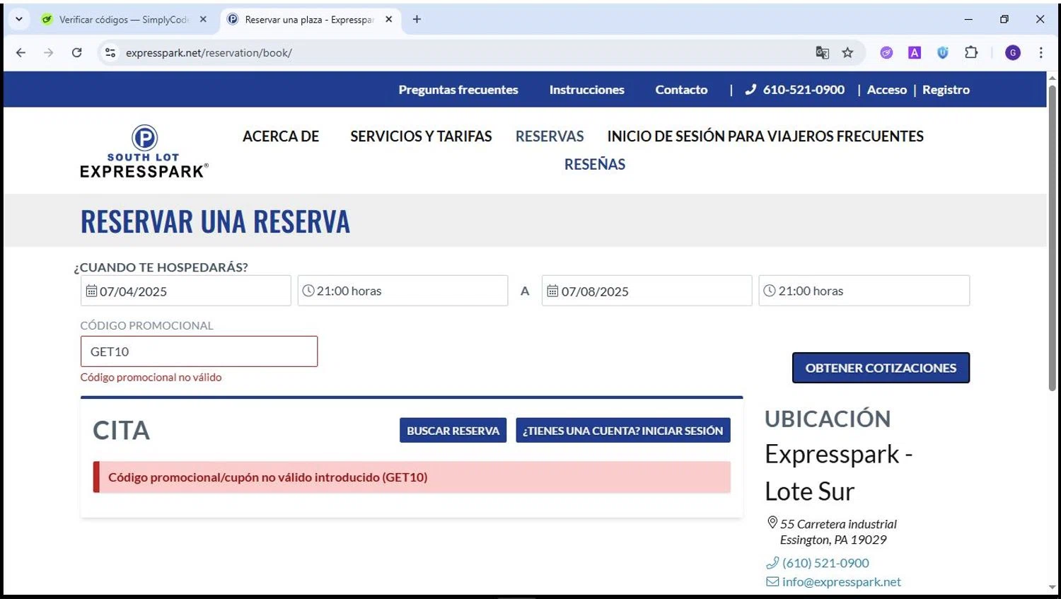 ExpressPark promo code screenshot showing code GET10 applied at ExpressPark checkout page. Uploaded by SimplyCodes community member Theking on Jul 4, 2025