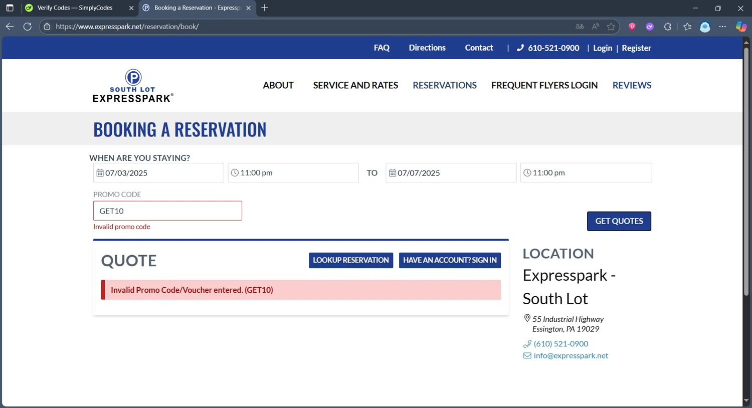 ExpressPark promo code screenshot showing code GET10 applied at ExpressPark checkout page. Uploaded by SimplyCodes community member cesar26 on Jul 3, 2025