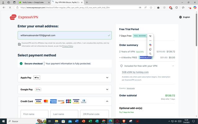 ExpressVPN checkout page showing ExpressVPN promo code box | Screenshot taken by SimplyCodes community member on Apr 7, 2025
