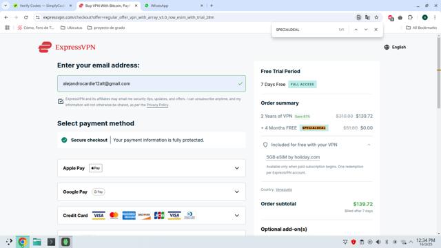 ExpressVPN checkout page showing ExpressVPN promo code box | Screenshot taken by SimplyCodes community member on Mar 16, 2025