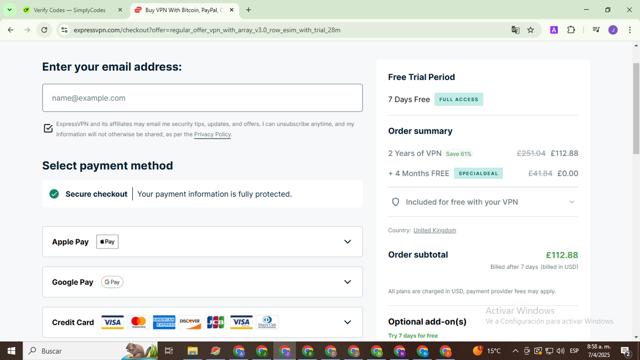 ExpressVPN checkout page showing ExpressVPN promo code box | Screenshot taken by SimplyCodes community member on Apr 7, 2025
