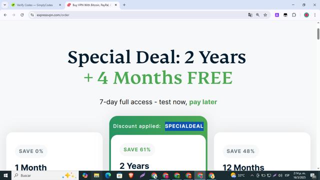 ExpressVPN checkout page showing ExpressVPN promo code box | Screenshot taken by SimplyCodes community member on Mar 16, 2025