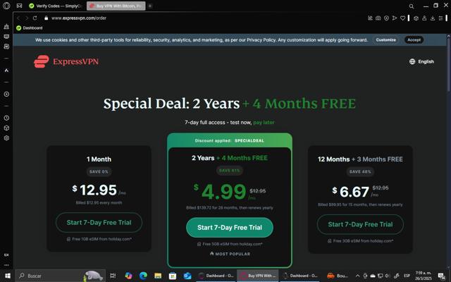 ExpressVPN checkout page showing ExpressVPN promo code box | Screenshot taken by SimplyCodes community member on Mar 26, 2025