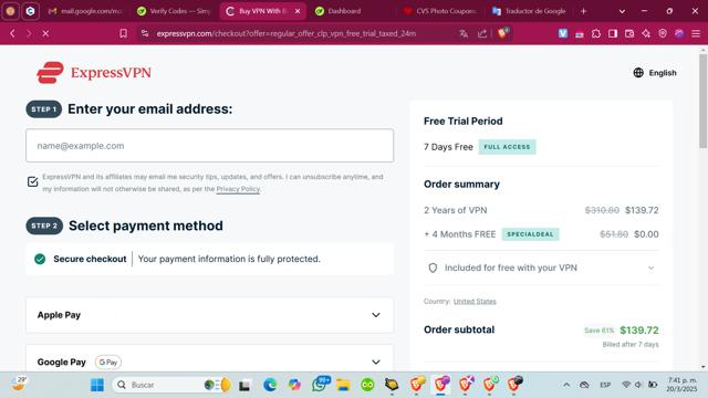 ExpressVPN checkout page showing ExpressVPN promo code box | Screenshot taken by SimplyCodes community member on Mar 20, 2025