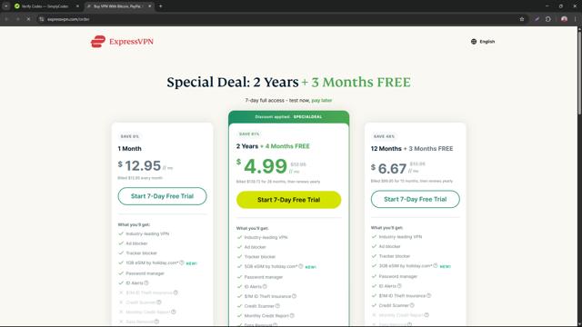 ExpressVPN checkout page showing ExpressVPN promo code box | Screenshot taken by SimplyCodes community member on Apr 4, 2025