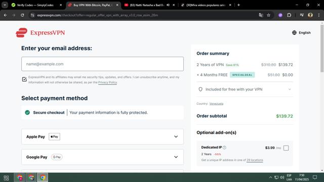 ExpressVPN checkout page showing ExpressVPN promo code box | Screenshot taken by SimplyCodes community member on Apr 11, 2025