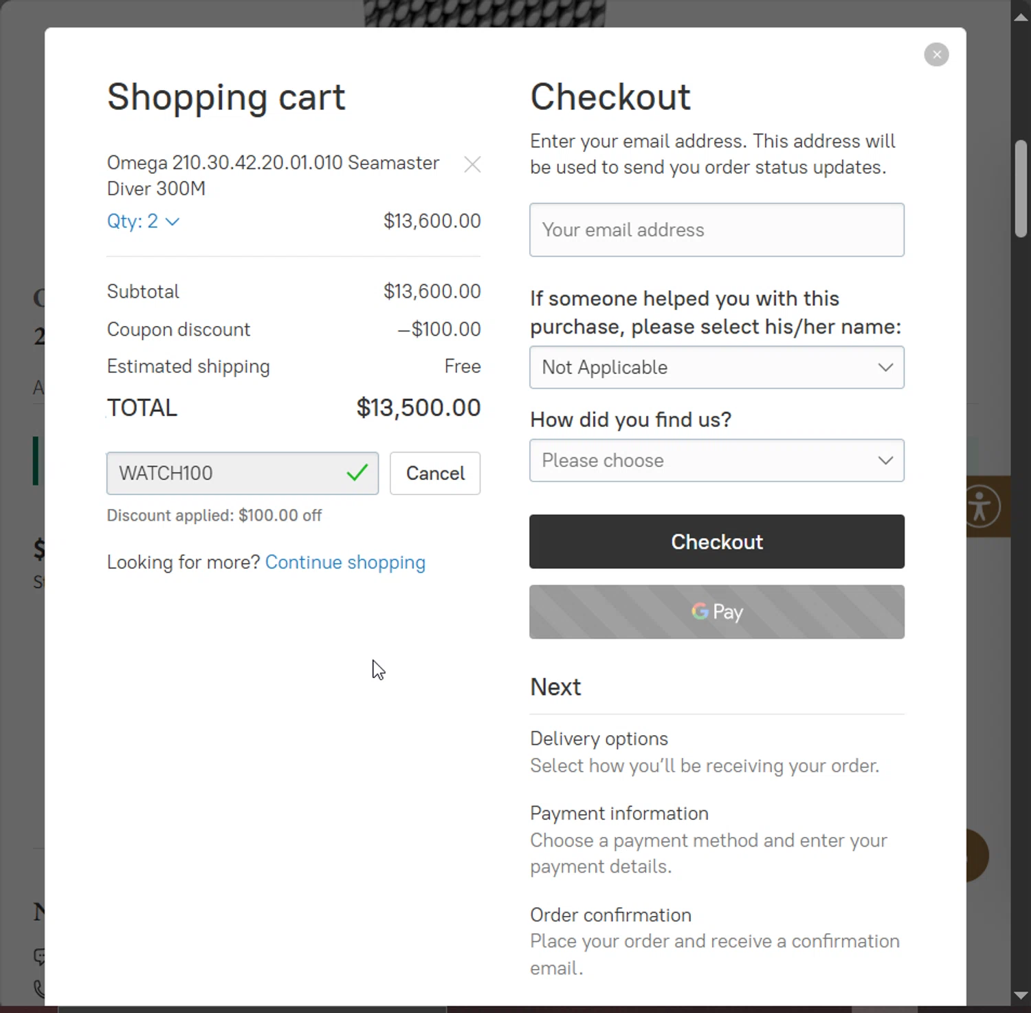 Exquisite Timepieces checkout page showing Exquisite Timepieces promo code box | Screenshot taken by SimplyCodes community member on May 10, 2025