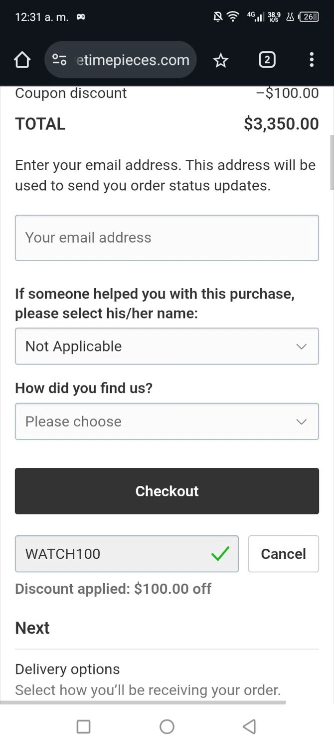 Exquisite Timepieces promo code screenshot showing code WATCH100 applied at Exquisite Timepieces checkout page. Uploaded by SimplyCodes community member Junniorduno on Jun 21, 2025
