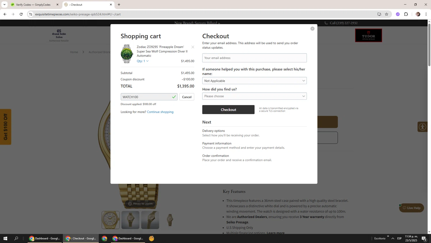 Exquisite Timepieces checkout page showing Exquisite Timepieces promo code box | Screenshot taken by SimplyCodes community member on May 24, 2025